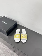 CC STRIPED SLIDE SANDALS IN YELLOW AND WHITE CANVAS
