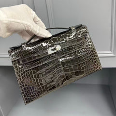 HM KELLY MINI 22 IN BROWN AMERICAN ALLIGATOR SILVER BUCKLE