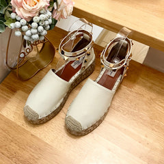 WHITE LEATHER ROCKSTUD ESPADRILLES ANKLE STRAP FLATS