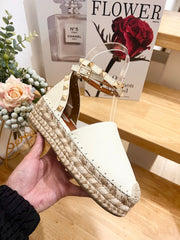 WHITE LEATHER ROCKSTUD ESPADRILLES ANKLE STRAP FLATS