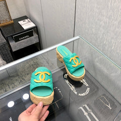 THICK SOLE WEDGE SLIPPERS IN PERSIAN GREEN LAMBSKIN AND BEIGE RUBBER