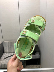 VELCRO SANDALS IN GREEN PASTEL LAMBSKIN AND TWEED FABRIC