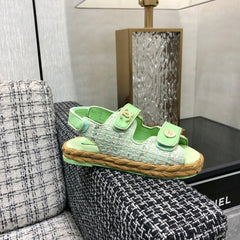 VELCRO SANDALS IN GREEN PASTEL LAMBSKIN AND TWEED FABRIC