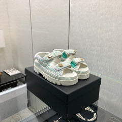 DAD SANDAL IN WHITE MIX PERSIAN GREEN TWEED FABRIC