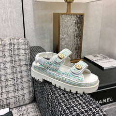 DAD SANDAL IN WHITE MIX PERSIAN GREEN TWEED FABRIC