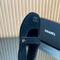 CHANEL 25S FURRY MARY JANE SHOES IN BLACK SUEDE