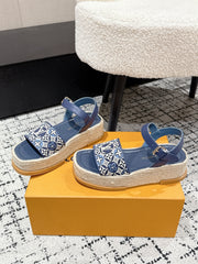 LV PLATFORM ESPADRILLE SANDALS 25S IN DARK BLUE FABRIC