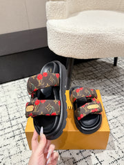 LV MIAMI-STYLE SANDALS 25S IN BROWN FABRIC AND BLACK CALFSKIN