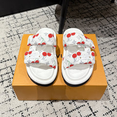 LV TWO-STRAP SLIDES 25S IN WHITE FABRIC AND CALFSKIN