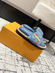 LV MIAMI-STYLE SANDALS 25S IN BLUE DENIM AND CALFSKIN