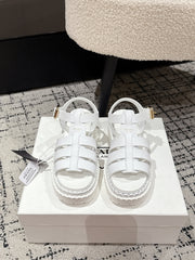 PRADA 25S FISHERMAN OPEN TOE SANDALS IN WHITE CALFSKIN