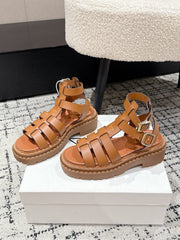 PRADA 25S HIGH TOP OPEN TOE FISHERMAN SANDALS IN BURNT ORANGE CALFSKIN