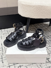 PRADA 25S HIGH TOP OPEN TOE FISHERMAN SANDALS IN BLACK CALFSKIN