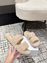 CELINE 25S SLIDES TRIOMPHE IN BIEGE SPONGE FABRIC