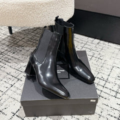 YSL 25S HEELED ANKLE BOOTS 70 MM IN BLACK SHINY LAMBSKIN