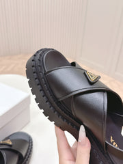 PRADA 25S SANDALS IN BLACK CALFSKIN LOGO GOLD HARDWARE