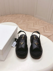 PRADA 25S SANDALS IN BLACK CALFSKIN LOGO GOLD HARDWARE