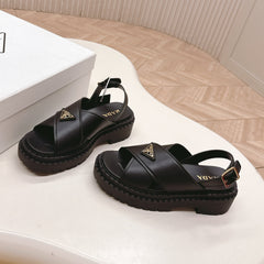 PRADA 25S SANDALS IN BLACK CALFSKIN LOGO GOLD HARDWARE