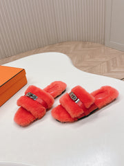 HM 25S ORAN SANDAL IN RED ORANGE SHEARLING WITH SILVER HARDWARE