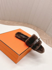 HM 25S ORAN SANDAL IN DARK BROWN SHEARLING WITH SILVER HARDWARE