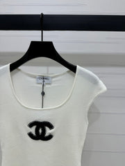 Chanel 25 White Tank Top Square Neck Knitted