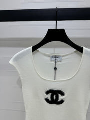 Chanel 25 White Tank Top Square Neck Knitted