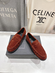 YSL 25S LOAFERS IN RED MAHOGANY SUEDE WITH GOLD HARDWARE
