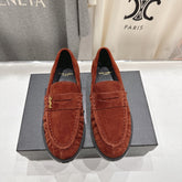 YSL 25S LOAFERS IN RED MAHOGANY SUEDE WITH GOLD HARDWARE