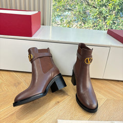 VALENTINO 25S SIGNATURE LOGO BOOTS 60 MM IN BROWN CALFSKIN WITH GOLD HARDWARE