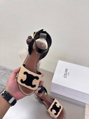 CELINE 25S TRIOMPHE SANDALS BEIGE RAFFIA BLACK WOOL