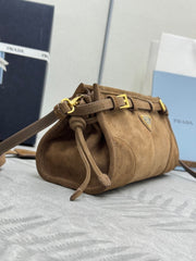 PRADA 25S BONNIE SMALL SHOULDER BAG 26 IN BROWN SUEDE GOLD HARDWRE