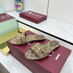 GG SLIDES IN DARK BEIGE WITH GOLD HARDWARE