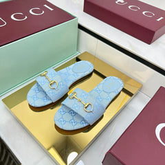 GG SLIDES IN BLUE WITH GOLD HARDWARE