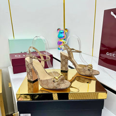 GG HEELED SANDALS 25S 95 MM IN DARK BEIGE CANVAS WITH GOLD HARDWARE