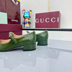 GG MARY JANE 25S IN MOSS GREEN LAMBSKIN WITH BOW