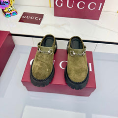 GG PLATFORM MULES 25S IN MOSS GREEN SUEDE