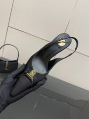 YSL 25S SLINGBACK HIGH HEELS 90 MM IN BLACK SATIN WITH GOLD HARDWARE STYLE 18