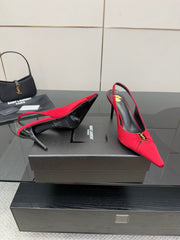 YSL 25S SLINGBACK HIGH HEELS 90 MM IN RED SATIN WITH GOLD HARDWARE STYLE 14
