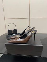YSL 25S SLINGBACK HIGH HEELS 90 MM IN CHOCOLATE BROWN LAMBSKIN WITH GOLD HARDWARE YSL 25S SLINGBACK HIGH HEELS 90 MM IN CHOCOLATE BROWN LAMBSKIN WITH GOLD HARDWARE STYLE 7