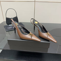 YSL 25S SLINGBACK HIGH HEELS 90 MM IN CHESTNUT BROWN LAMBSKIN WITH GOLD HARDWARE STYLE 1