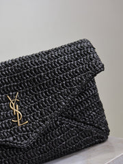 YSL 25S CASSANDRE LARGE ENVELOPE POUCH 29 IN BLACK RAFFIA GOLD HARDWARE