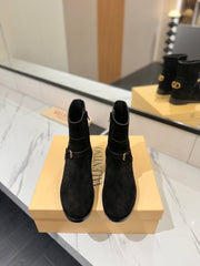 VALENTINO 25S PATTIE ANKLE BOOTS IN BLACK SUEDE WITH GOLD HARDWARE