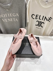 PRADA 25S COLLAPSE RE NYLON AND SUEDE BALLERINAS IN BABY PINK