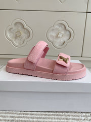 LV TWO-STRAP SANDALS 25S IN LIGHT PINK DENIM AND CALFSKIN WITH GOLD HARDWARE
