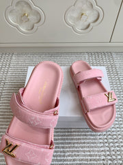 LV TWO-STRAP SANDALS 25S IN LIGHT PINK DENIM AND CALFSKIN WITH GOLD HARDWARE