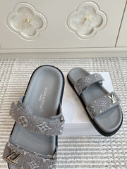 LV TWO-STRAP SANDALS 25S IN GREY DENIM AND CALFSKIN WITH SILVER HARDWARE