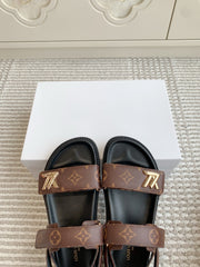 LV SANDALS 25S IN BROWN MIX BLACK CALFSKIN WITH GOLD HARDWARE