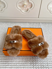 HM 25S ECLAIR SANDAL IN BROWN SHEARLING WITH SILVER HARDWARE