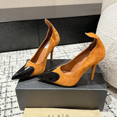ALAIA HIGH PUMPS 10CM IN COPPER BROWN SUEDE MIX BLACK CALFSKIN