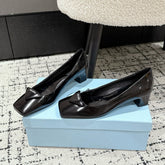 PRADA 25S SQUARE TOE HIGH HEELS IN BLACK PATENT CALFSKIN